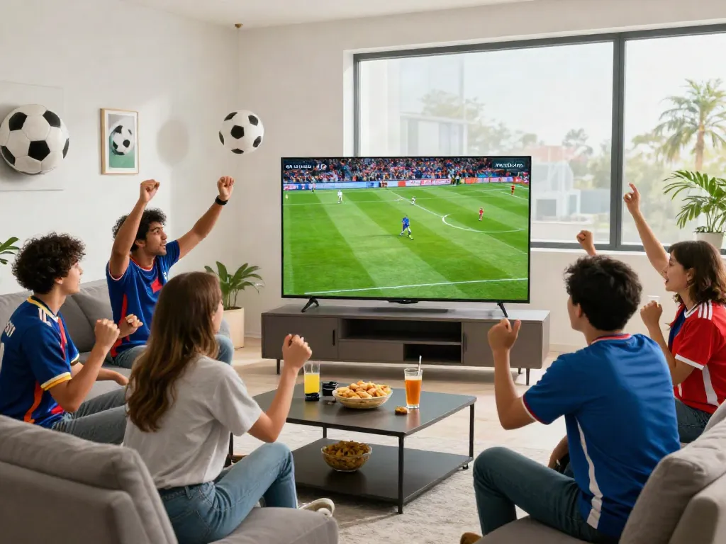 Friends enjoying a football match in socolive full hd in a modern living room.