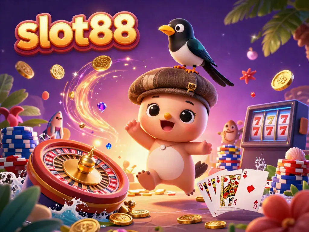 Experience excitement at slot88 with a lively scene featuring playful Nessie, gold coins, and vivid casino elements.