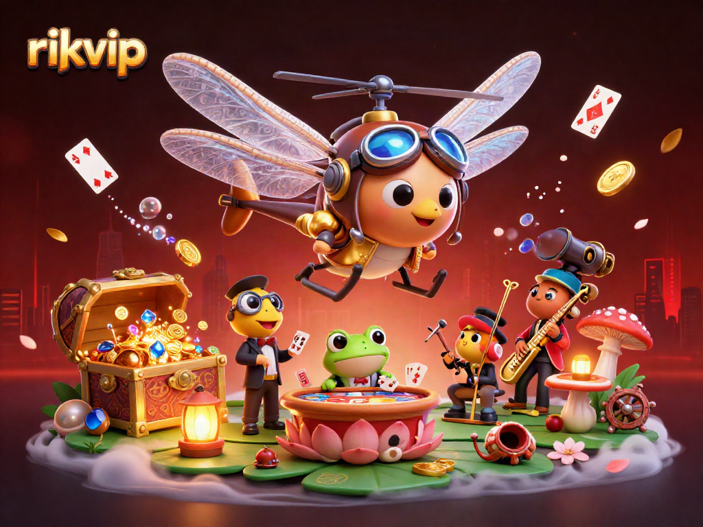 Engage with rikvip games as a dragonfly pilot oversees a vibrant lily pad casino, cards floating amidst gems!