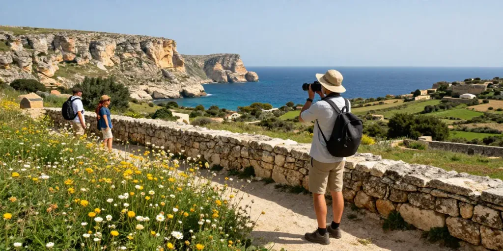Engaging gozo tours experience with traveler documenting scenic views, local guide, and beautiful landscapes.