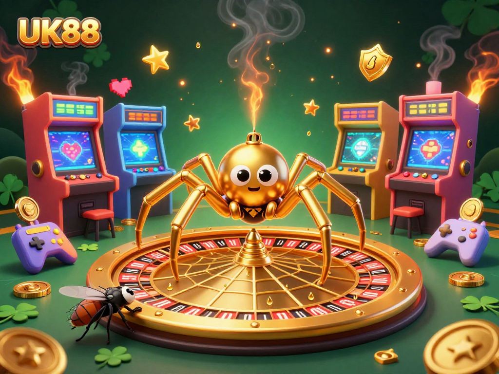 Place bets with UK88 in this vibrant 3D casino scene featuring a golden roulette web.