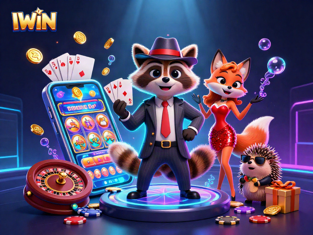 IWIN gameplay scene featuring a suave raccoon, fox lady, and hedgehog bouncer surrounded by vibrant casino elements.