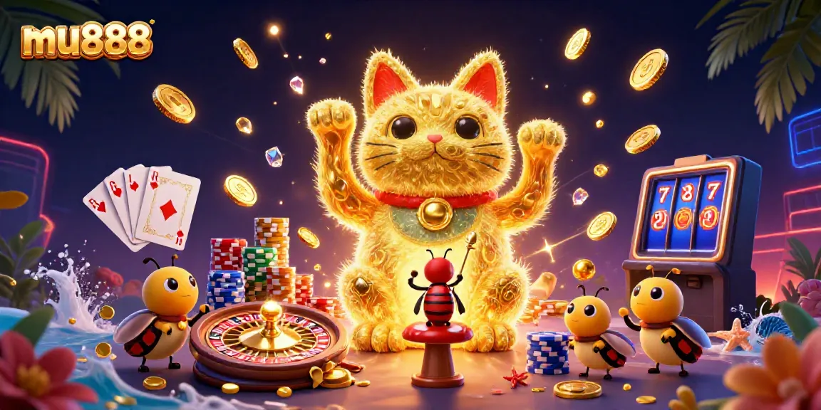 Experience the excitement of mu888 with a vibrant illustration of a giant lucky cat and casino symbols.