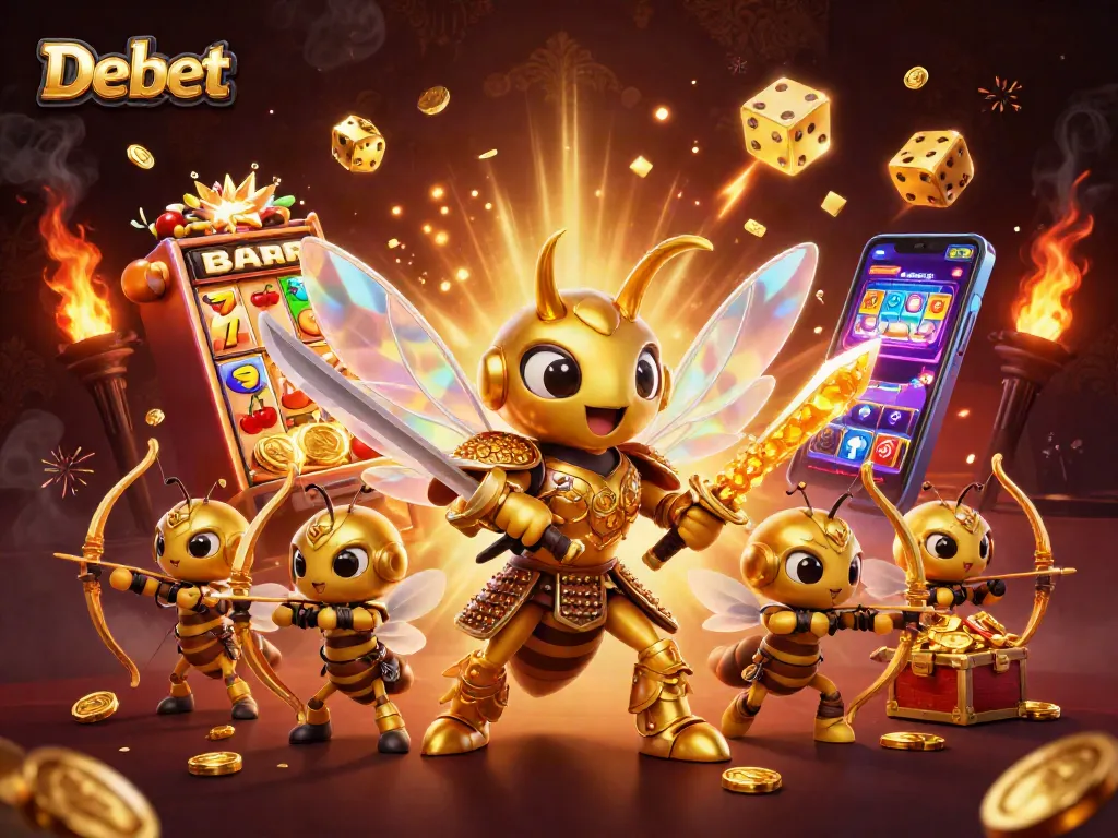 Engage with Debet's exciting jackpot experience featuring golden characters in a vibrant casino atmosphere.
