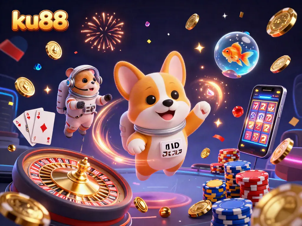 ku88 casino features a vibrant scene with a floating corgi and shimmering gambling elements