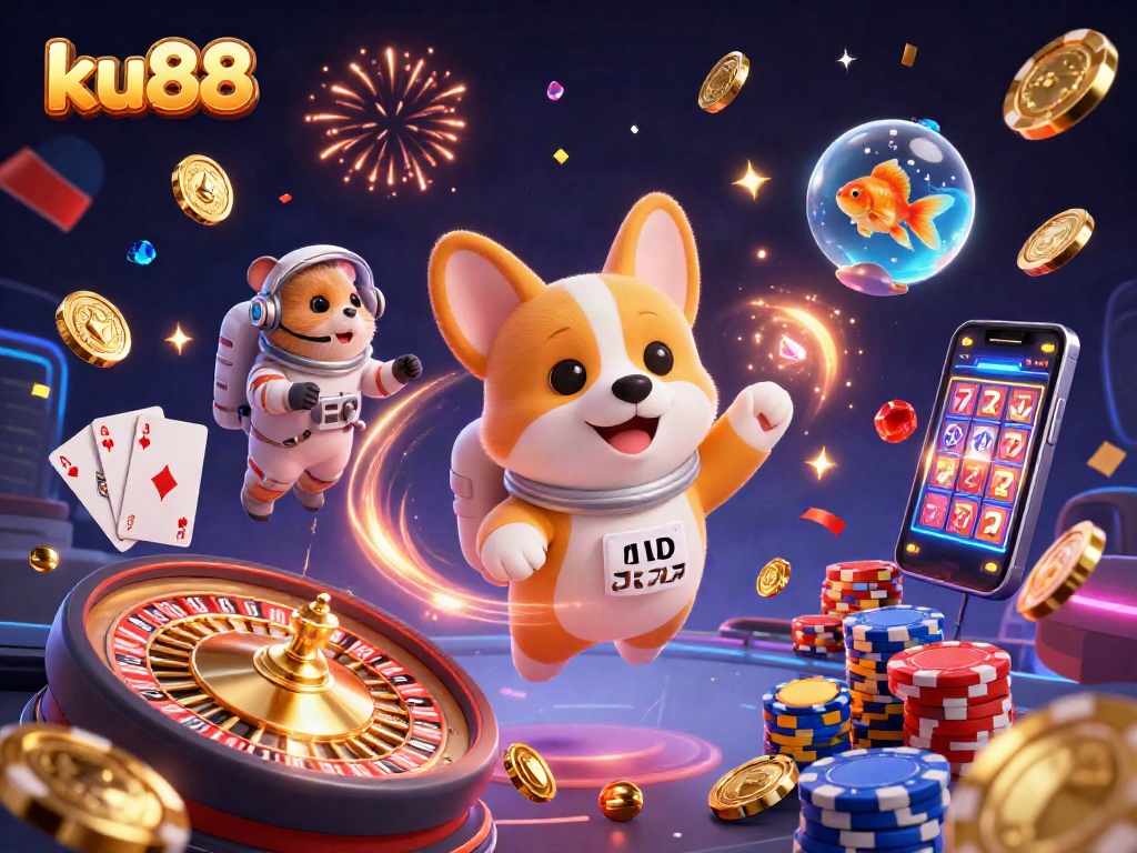 ku88 casino features a vibrant scene with a floating corgi and shimmering gambling elements