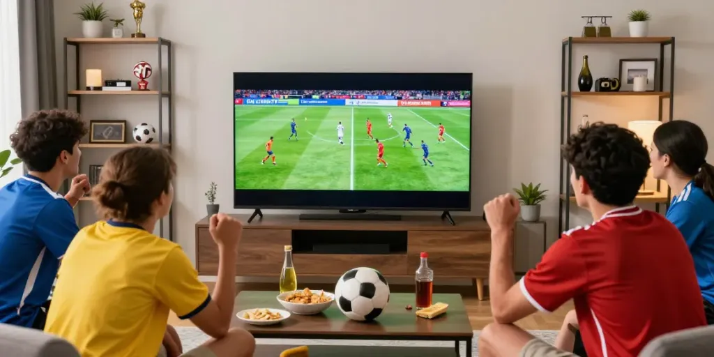 Friends enjoying the live bóng đá CakhiaTV match in a cozy setting with excited expressions.