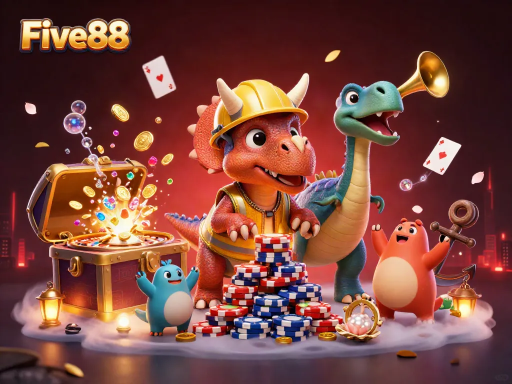 Engage in thrilling games at Five88 with vibrant casino elements and dynamic characters.