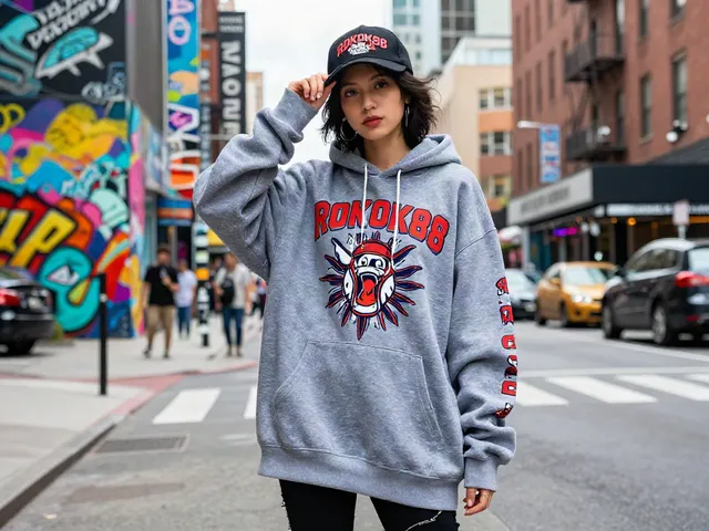 Person modeling rokok88 super streetwear apparel against vibrant urban backdrop.