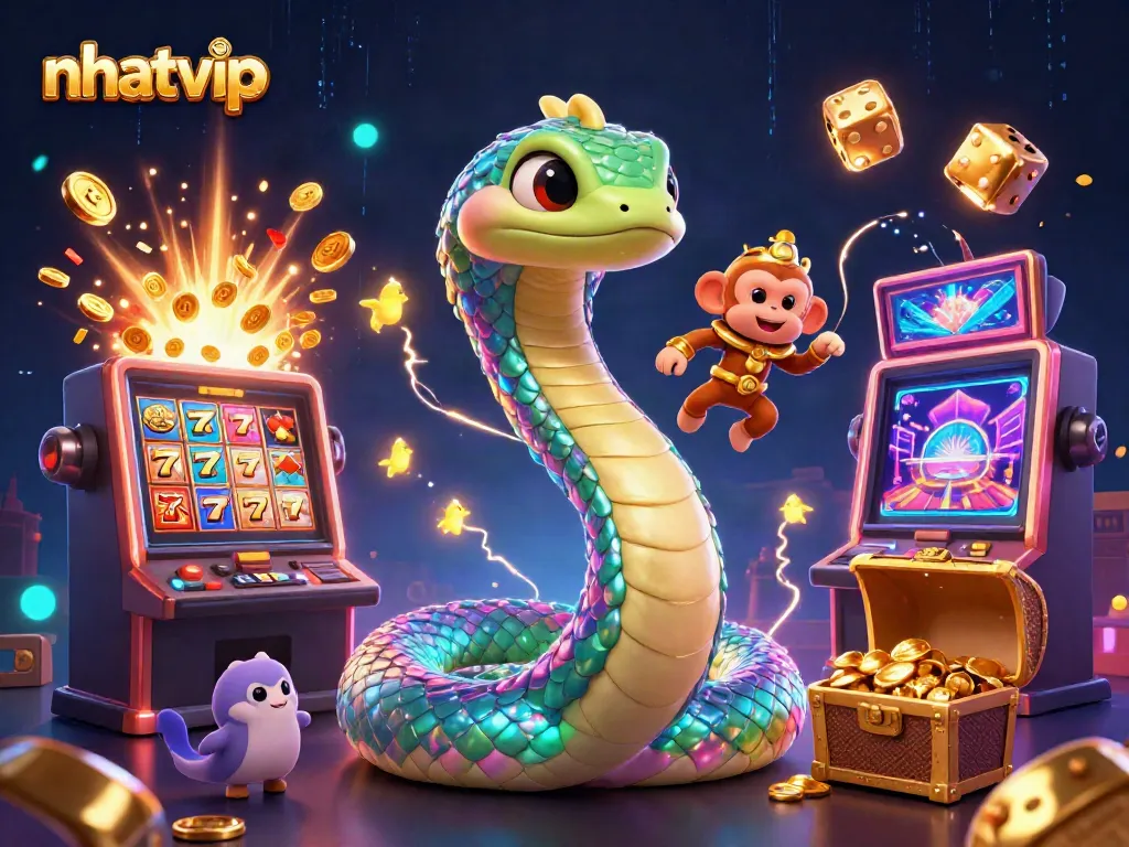 Nhatvip's vibrant gaming world featuring a rainbow serpent and monkey king celebrating jackpots.
