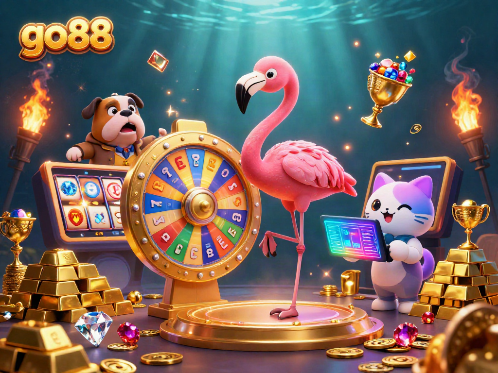 Experience the excitement of go88 with vibrant slot reels and cartoon characters celebrating winnings in a lively casino scene.