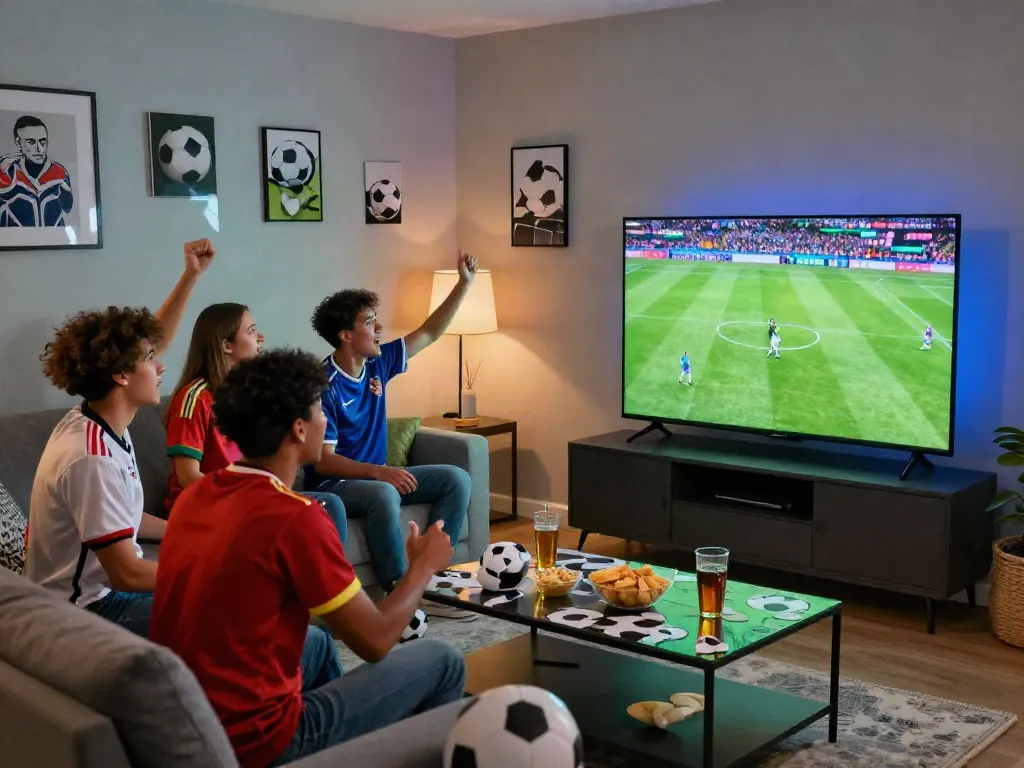Excited fans enjoying bóng đá cakhiatv in a vibrant living room during a match.