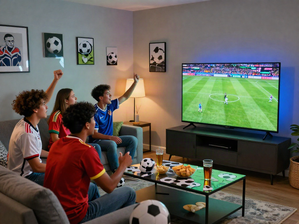 Excited fans enjoying bóng đá cakhiatv in a vibrant living room during a match.