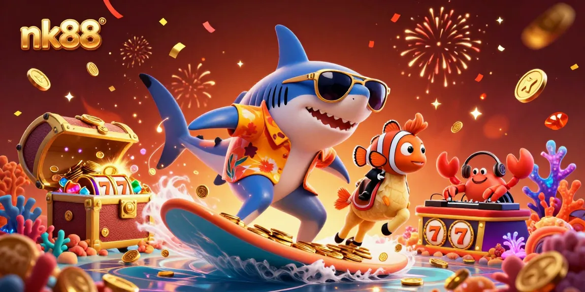 Join the playful nk88 shark and friends in a burst of casino fun with rolling slot reels and treasure.