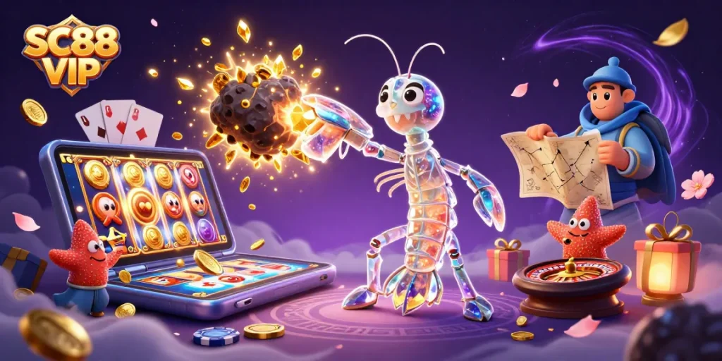 Experience the thrill of SC88 VIP with vibrant casino elements, showcasing a playful mantis shrimp and cosmic treasures.
