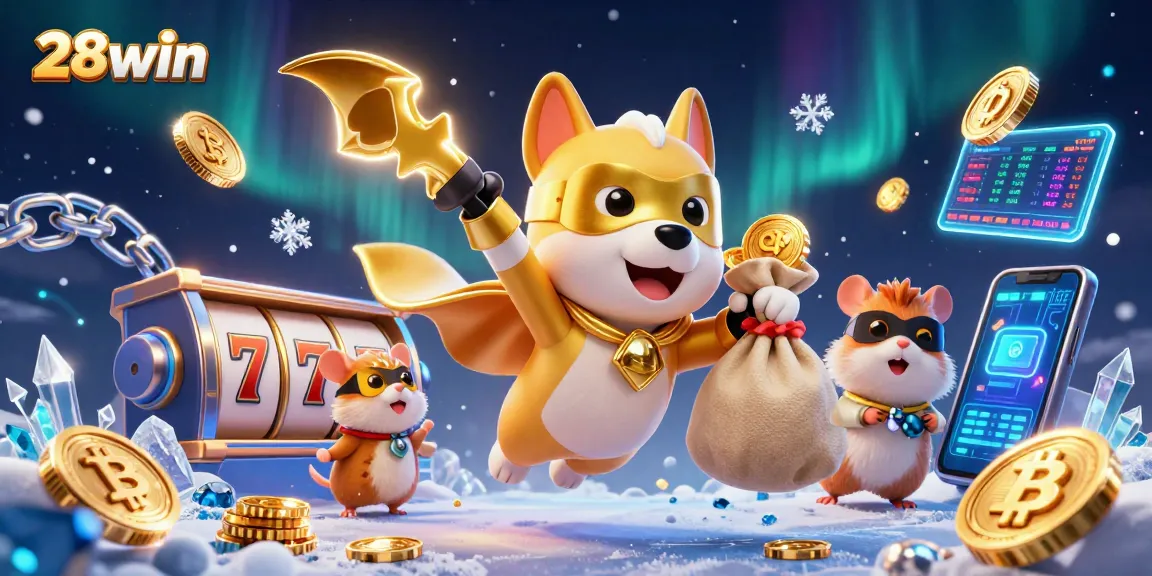 Exciting 28win casino adventure with a superhero dog and riches in vibrant 3D illustration.