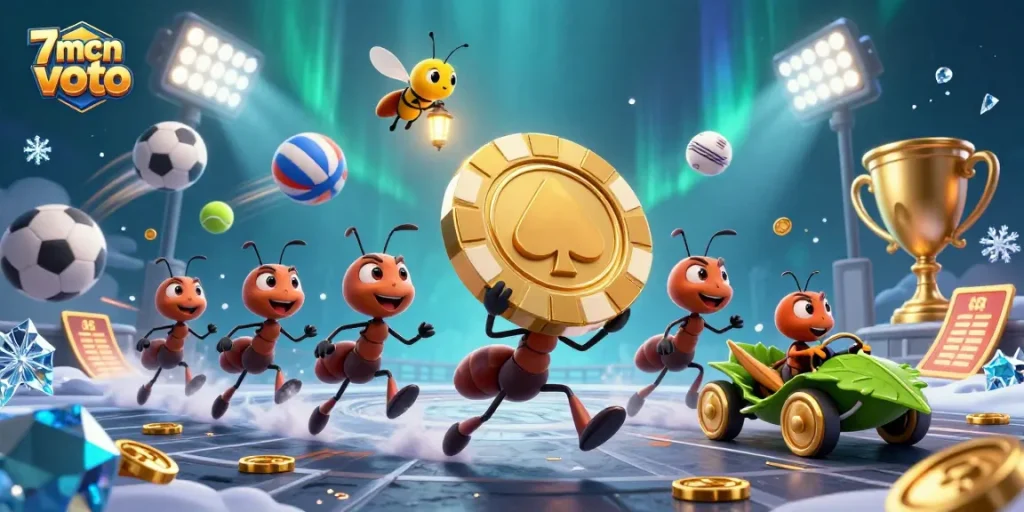 Engage with 7mcn voto as ants carry a golden poker chip through a vibrant cartoon heist scene.