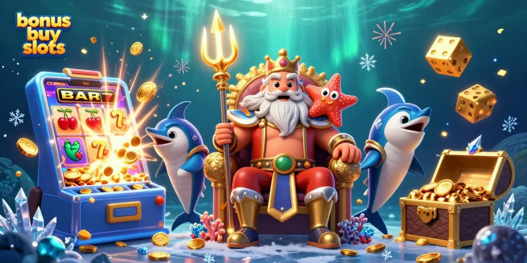 Experience the excitement of bonus buy slots with Neptune and friends in this vibrant casino scene.