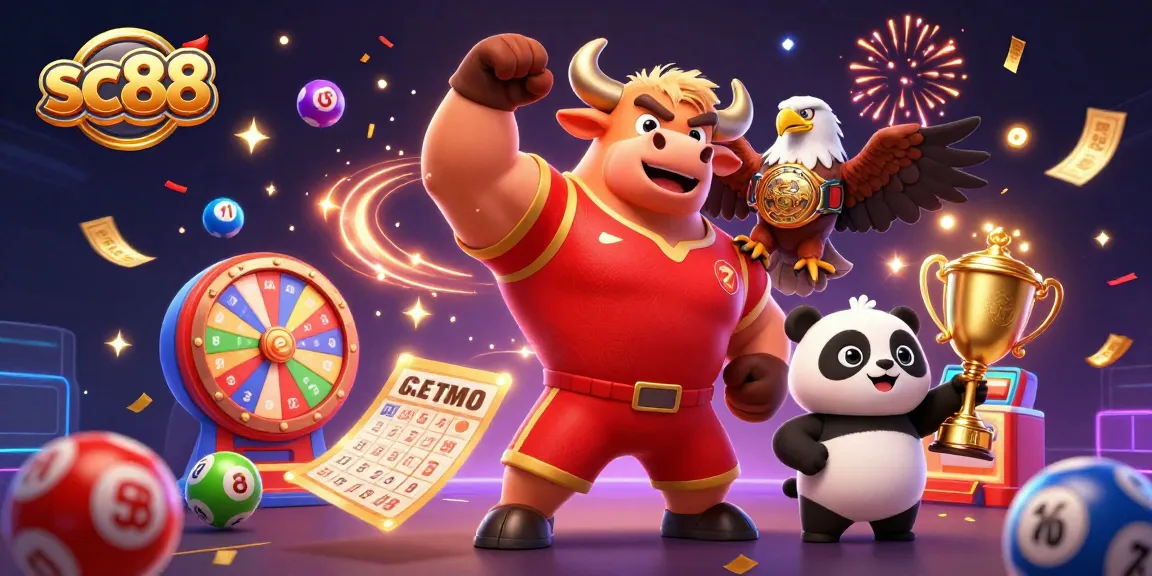 Experience sc88 excitement with a 3D gaming scene showing a bull, eagle, and panda celebrating wins.