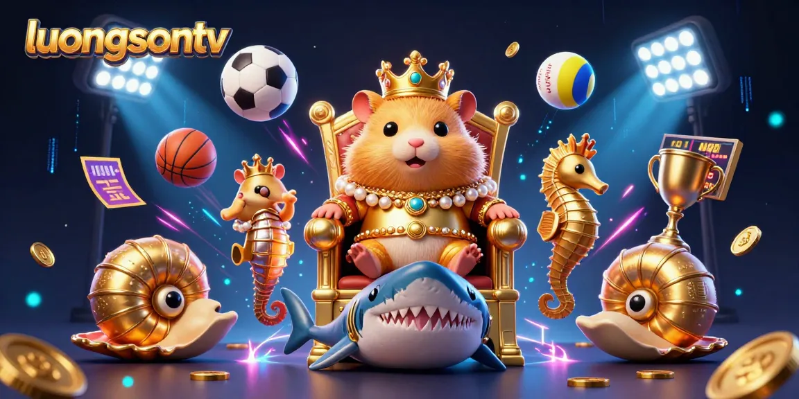 Experience vibrant action with luongsontv as the hamster king reigns on a shark throne amidst flying sports balls and dynamic betting elements.