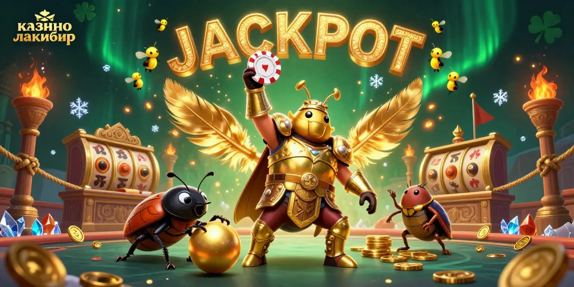 Engage with казино лакибир as a 3D cartoon hercules beetle wins a poker chip jackpot amid swirling casino elements.
