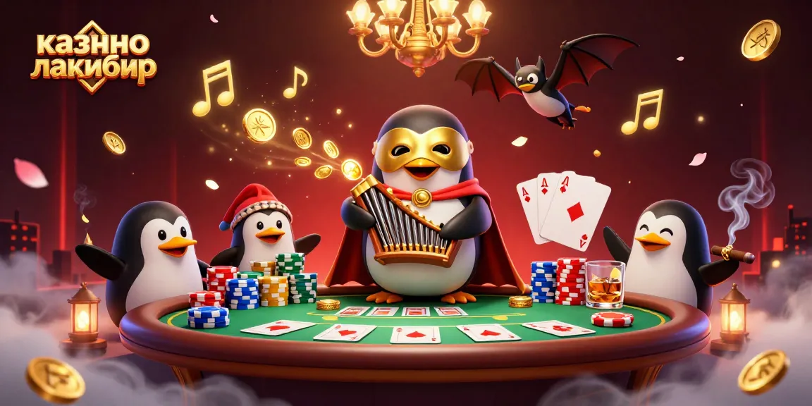 Engage with казино лакибир's thrilling atmosphere as the penguin plays amidst golden coins and poker action.